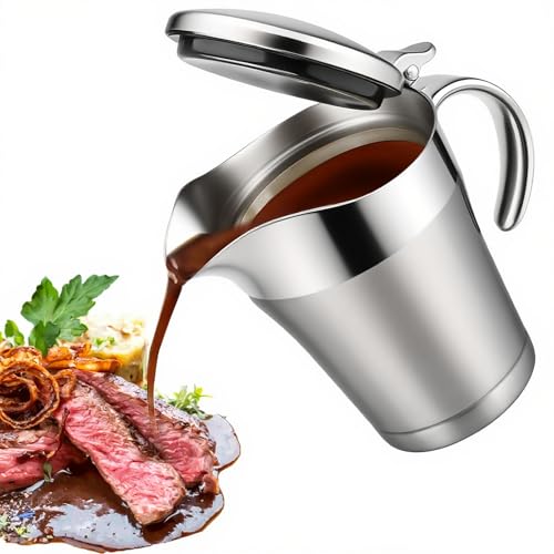 WIYETY Saucière thermique en acier inoxydable 450 ml : double isolation avec couvercle à charnière - Récipient à sauce isotherme avec anse pour dîner et fêtes - Passe au lave-vaisselle