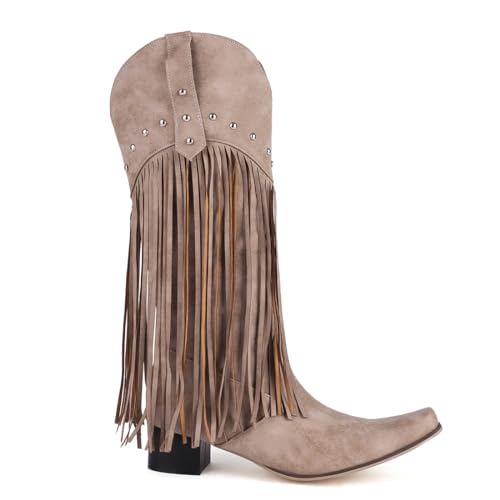 Image of KiutSymo Mid Calf Fringe Boots For Women Cowboy Pointed Toe Chunky Heels Cowgirl Western Tassel Boots