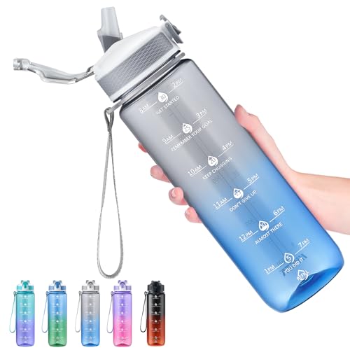 Image of Hyeta Plastic Water Bottle With Straw & Time Marker, 32oz Leakproof Jug | Motivational Tritan BPA Free Gym Office Outdoor Intake Tracker Hourly Reminder Straw Lid Lightweight