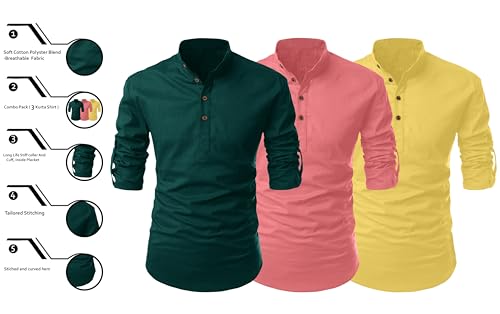 Image of FINIVO FASHION Combo of Men's Cotton Blend Solid Regular Fit Full Sleeve Straight Short Kurta Shirt, Casual and Formal Wear