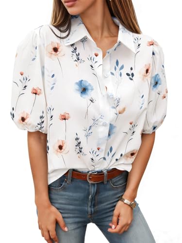 Image of Tankaneo Women's Button Down Shirts Short Puff Sleeve Collared Dressy Casual Blouse Tops