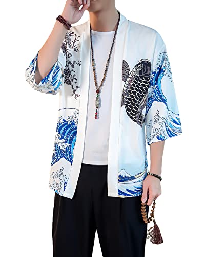 Image of PRIJOUHE Men's Lightweight Kimono Jacket Seven Sleeve Open Front Cardigan Coat Japanese Style Bathrobe