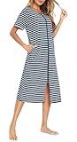 Vslarh Women Short Sleeve Zip Front Nightgowns Full Length Cotton Robes Loose Housecoat Loungewear with Pockets (Blue,Large)