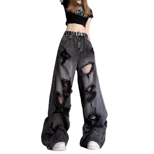 Y2K Ripped Wide Leg Jeans for Women Men, High Waisted Baggy Distressed Denim Pants, Grunge Streetwear Goth Style