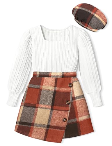 Image of AGAPENG Girl Skirt Sets 3 Piece Outfits Square Neck Jacquard Puff Sleeve Tops Plaid Mini Skirt Shorts Fall Winter Clothes
