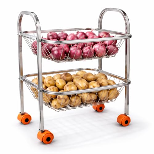 Image of OBEROI'S TRADERS Stainless Steel Vegetable & Fruit Storage Rack with Wheels, Kitchen Storage Basket Organizer, Rust Proof Stand for Onion, Potato, Fruits & Vegetables Trolley (2 Rack)