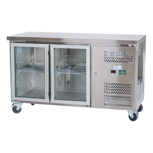 Cleiton® Mesa Fría Refrigerada de 2 Puertas de Cristal de 136x60 cm Refrigeración Ventilada | Bajo Mostrador Frigorífico Acero Inox de 228 L y 750 W | Nevera Frigorifica Industrial