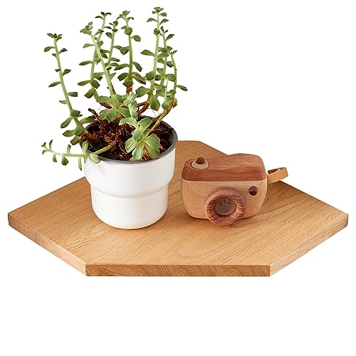 OAKERLAND Etagere d'angle Bois Massif, Etagere d’Angle Flottante en Chêne avec Trou métallique pour câble, Petite Etagere d'angle Murale pour Plantes,...