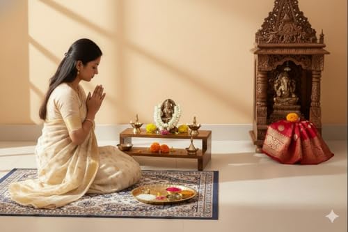 Image of Premium Wooden Pata Chowki for Pooja |2 Step Pata Chowki Decorative bajot for Sitting Pooja Temple Stool for Mandir| Handcrafted Wooden Bajot Chowki for Temple, Home & Decorative Use (Brown)