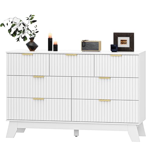 Image of HUANLEGO 48 inch W Fluted Dresser for Bedroom with 7 Drawers, White | Mid Century Modern Dressers & Chest of Drawers, Boho Dresser for Closet, 7 Drawer Storage TV Stand for Bedroom