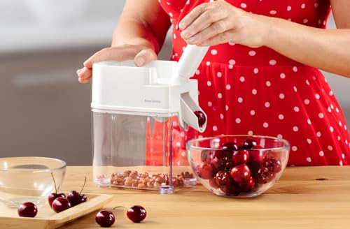 Foto von Tescoma Kirschentkerner manuell, Kirscheintsteiner mit Auffangbehälter, 18.5 x 11.5 x 20.5 cm,Stein ,Weiß/Transparent ,Edelstahl