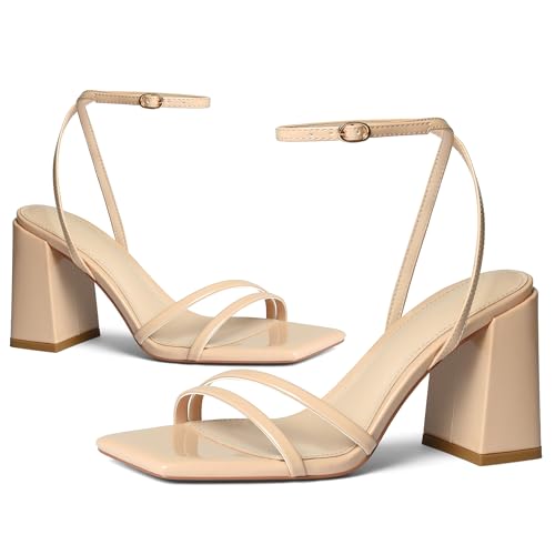 iiimmu Heeled Sandals for Women 3.5 IN Square Toe Ankle Strap Sandals Patent Leather3