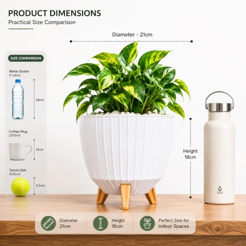 Image of (7 Inch) Plastic Flower Pot for Indoor Outdoor Plants with Stand, Decorative Ribbed Planter Pot with Legs, Round Gamala for Living Room, Pot for Office Table & Home (White,1)