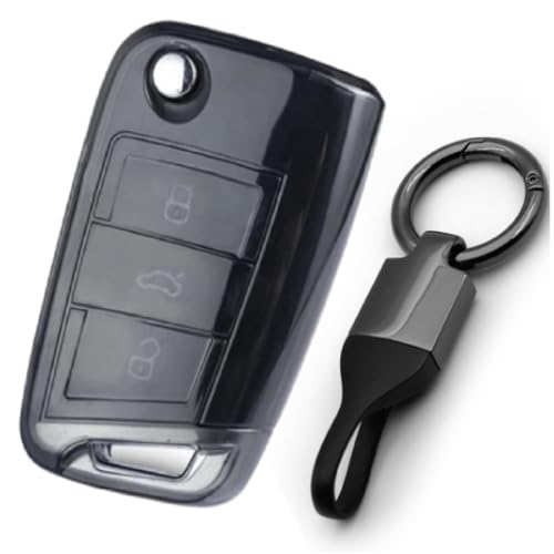 Image of JVCV Soft TPU Transparent Black Key Cover Compatible with Skoda Kylaq Slavia Kushaq Taigun Tiguan Virtus Octavia Kodiaq Superb Folding Key | Shockproof Slim Fit Case (with Keychain - Style B)