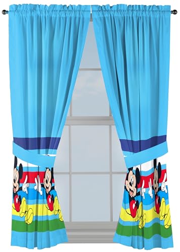 Sunny Side Up Window Curtains for Kids Bedroom 4-Piece Drape Set with 2 Tiebacks Blue - Mickey Mouse 42 W x 63 L (Pack of 2)