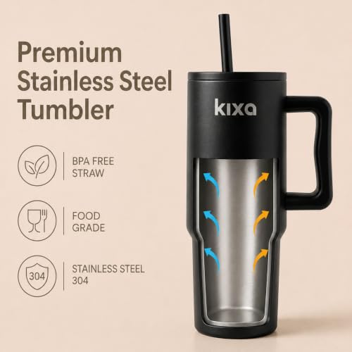 Image of 1200 ML Insulated Tumbler with Lid and Straw, Stainless Steel Tumbler Cup with Handle, Leakproof Mug Cupholder for Office, Gym, Travel 1.2 Litre (Black)
