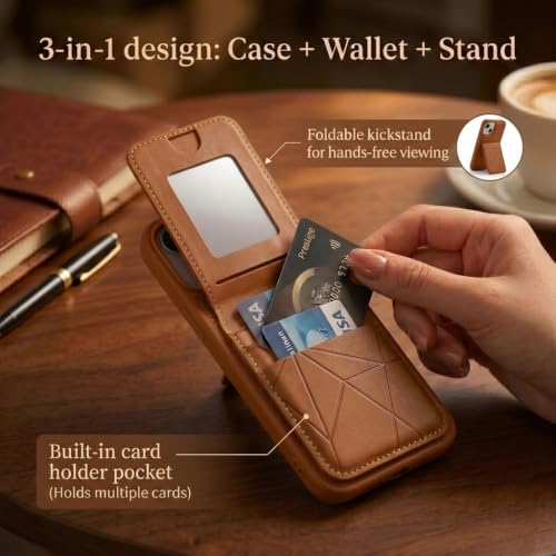 Image of amazon basics Premium Vegan Leather Back Cover with Card Holder and Integrated Mobile Stand for iPhone 12 Pro Max - Slim Shockproof Wallet Case with Geometric Stitching [Tan]