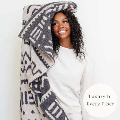 Image of SARANONI Throw Blanket | Breathable Double Layer Soft, Plush Decorative Comfy Blankets for Couch or Bed | Cream and Black, Mudcloth - 50 inch x 60 inch