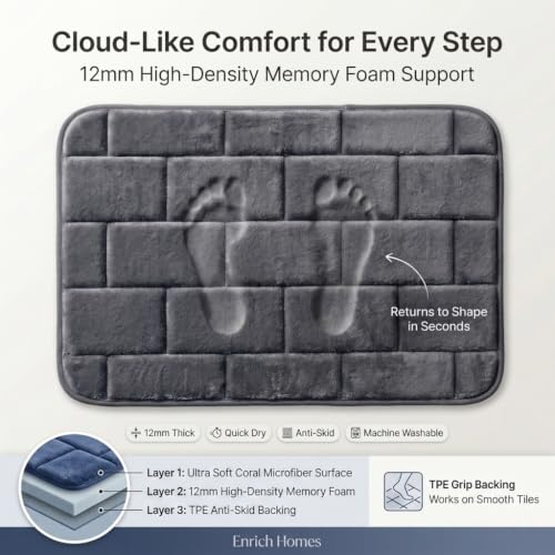 Image of Memory Foam Bath Mat for Bathroom & Kitchen | Anti-Skid Soft Floor Mat for Bedroom | Super Absorbent Quick Dry Microfiber Rug | Machine Washable Indoor Floor Mat | Grey | 40x60 cm