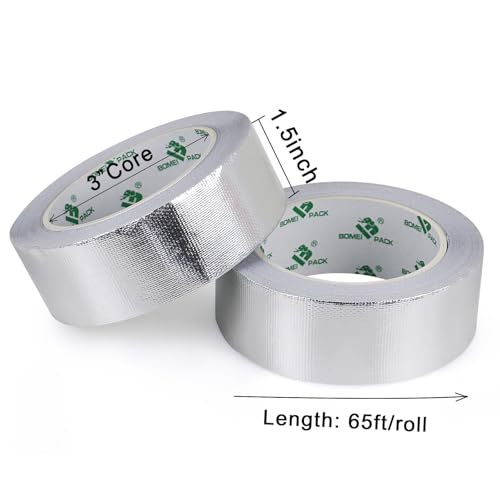 Image of BOMEI PACK Adhesive Aluminum Foil Heat Shield Tape 2 Pack 1.5inch x 66ft Barrier Fiberglass Thermal Insulation Reflective Material High Temp Protectionn