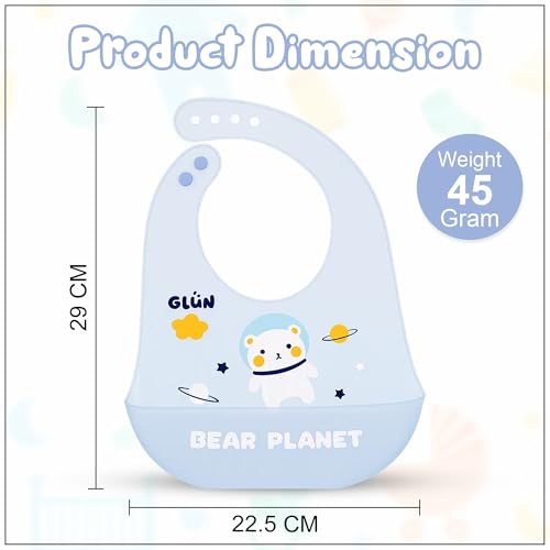 Image of GLUN Pack of 2 Soft Feeding Bibs with Bowl, Cute Taddy Bear Print for Growing Champs, Easily Wipes Clean, Comfortable Soft Baby Bibs, Less Time Cleaning after Meals for Babies