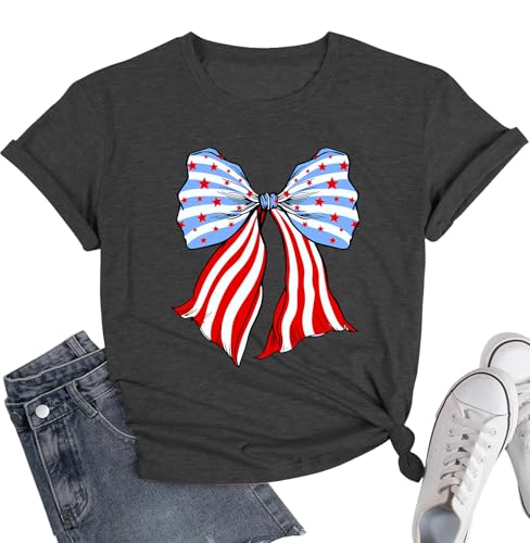 Image of 4th of July Shirts Women USA Shirt Patriotic T Shirt American Flag Shirt Bow Holiday Vacation Casual Outfit