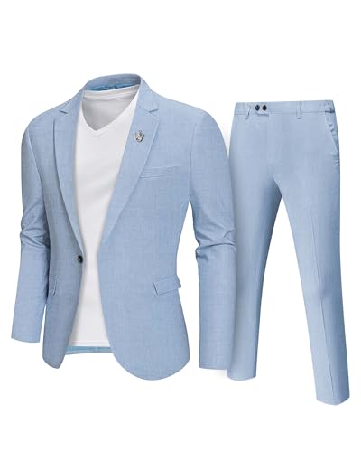 MrSure Mens 2 Piece Regular Fit Linen Suit, Casual Blazer Pants Set, Lightweight Jacket Trouser for Wedding Prom
