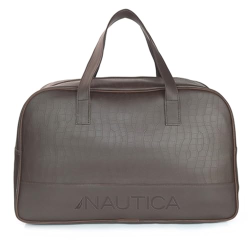 Image of Nautica Unisex 25L PU Duffle Bag for Travel | Stylish Leatherette Cabin Luggage with Smooth Zippers | Compact, Comfortable & Spacious for Weekend Trips, Gym & Everyday Use | Brown