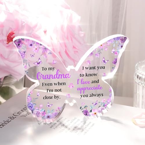 Image of Gifzy Gifts for Grandma, Grand ma Birthday Gift, Unique Purple Butterfly Acrylic Plaque Desk Decor, Grandma Birthday Mothers Day Thanksgiving Grandparents Day Gifts for Grandmother Nana, 5 x 5 x 0.5 inches
