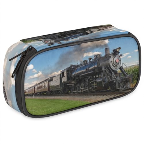 Image of Pardick Retro Train Big Capacity Pencil Case Pencil Pouch with Zipper, Pen Marker Stationery Bag Art Supply Storage Organizer Box Portable Stationery Storage Bag Pen Holder for Boys Girls