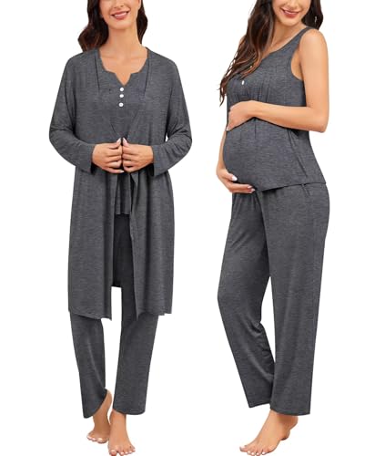 Image of SWOMOG Maternity Nursing Pajamas Set 3 Piece Breastfeeding 3 in 1 Labor Delivery Sleevless Tops Long Pants Pregnancy Pjs