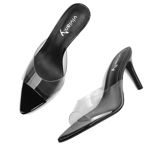 Image of vivianly Clear Pointed Toe Heels Sandals Transparent Strap Stiletto High Heels Slip on Mules for Women