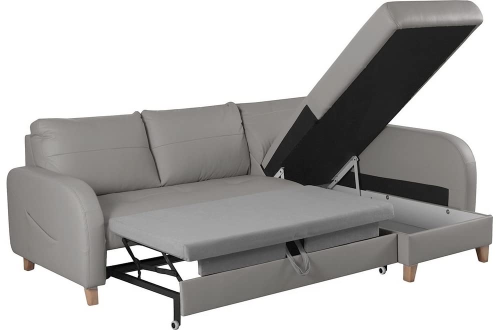 Canapé d'angle Convertible en Cuir de Luxe Italien, 5 Places CONFORIA, Gris Clair, Angle Droit