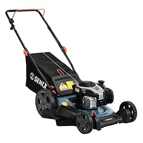 SENIX Gas Lawn Mower, 21-Inch, 140 cc 4-Cycle Briggs & Stratton Engine, 3-in-1 Push Lawnmower, 6-Position Height Adjustment with 11-Inch Rear Wheels, LSPG-M7, Blue Cover