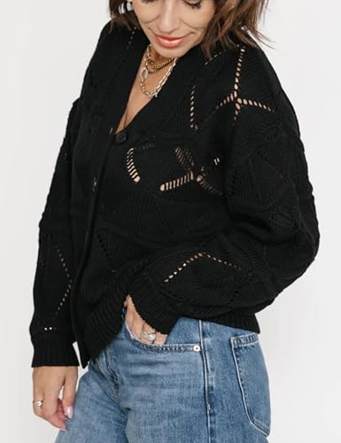Womens Hollow Out Cardigan Solid Casual Long Sleeve Button Down V Neck Ribbed Patterned Crochet Sweater Tops4