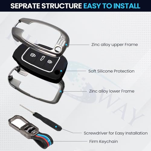 Image of KINGSWAY Volkswagen Car Key Cover and Keychain Perfect Shape and Compatible with 3 Buttons Smart Key of All Volkswagen Cars, Remote Key Shell, Car Key Chain Cover, 360 Protection, Gunmetal Grey