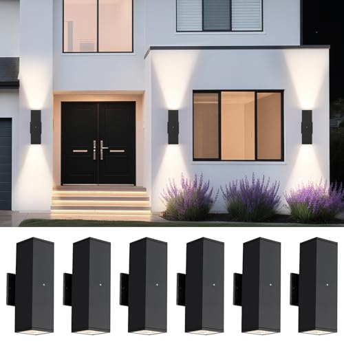 Image of Dusk to Dawn Exterior Porch Lights, LED Up Down Outdoor Sconce Light 6-Pack | Bulb Incl., 3000K Square Black Exterior Lighting Fixtures with Sensor, IP65 Waterproof Outside Porch Lights for House Garage