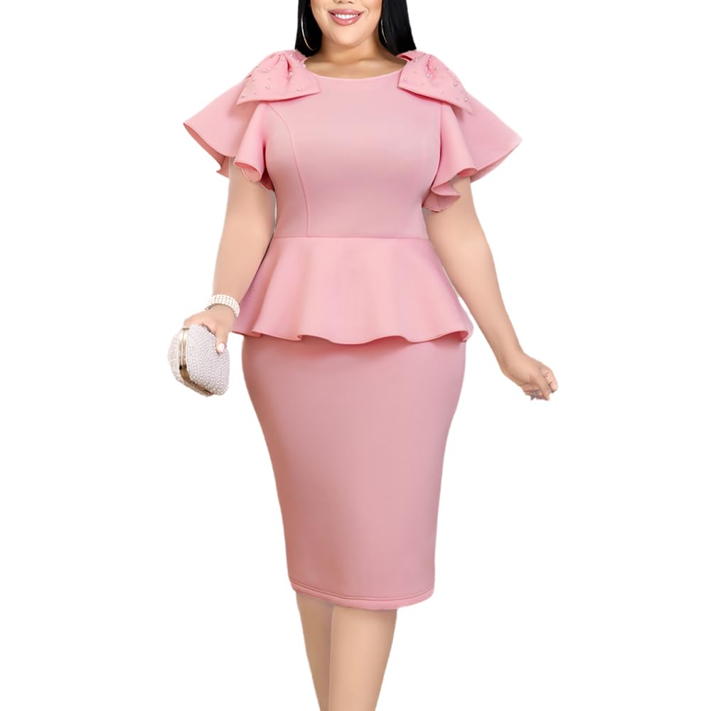 ONTINVA Womens Plus Size Pencil Dress Bowtie Beaded Ruffle Flared Sleeves Wedding Guest Dress Wear to Work Dresses
