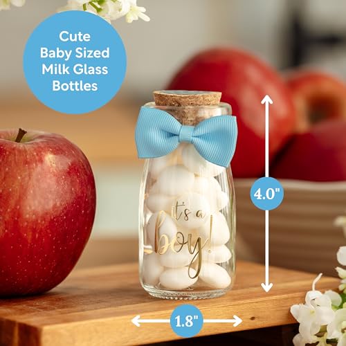 Vintage 12 Pack It's a Boy Milk Glass Bottles with Ribbons and Stickers - Classy Baby Shower Favors for Guests and Table Centerpieces - Gender Reveal Boy Decorations - Baby Shower Candy Jar