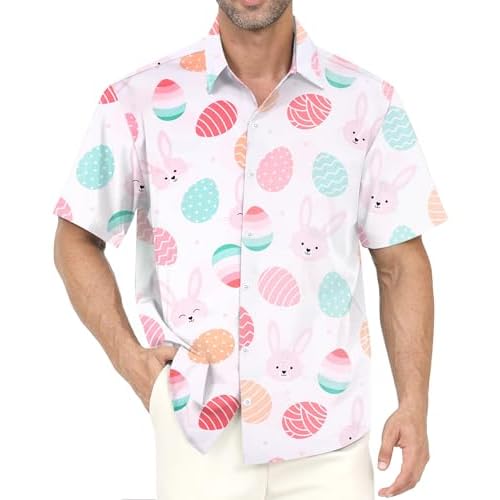 Hawaiian Shirt for Men with Pocket - Button Down Wrinkle-Resistant for Beach, Pool Parties (S-4XL) Small White Easter Egg