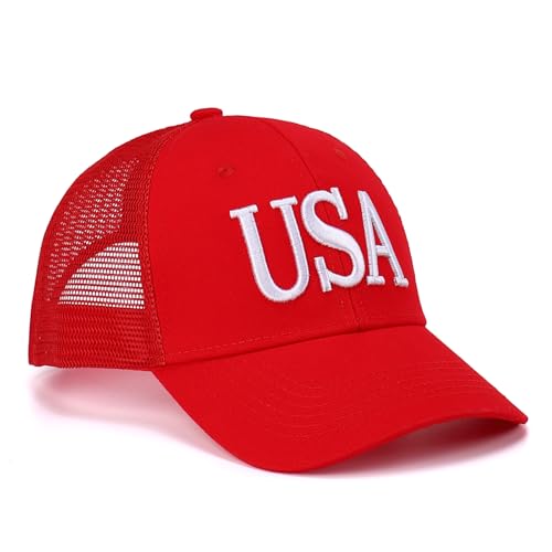 Image of USA Trucker Hat for Men & Women American Flag Cap Adjustable Baseball Cap Mesh Snap Patriotic 3D Embroidered Cap