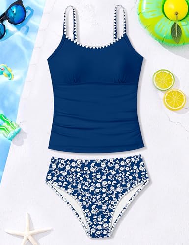 Image of Girls Swimsuit Solid Color Tankini Contrast Trim Swimwear 2 Piece Bathing Suit Padded Swimsuits for Teens 9-16Y