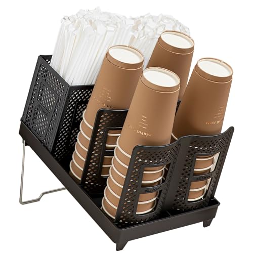 Cup and Lid Holder Disposable Paper Cup Dispenser with Stand 6 Slots Coffee Cup and Lid Storage Holder with Straw Organizer for Coffee Station Bar Office Home Countertop Breakroom Restaurant