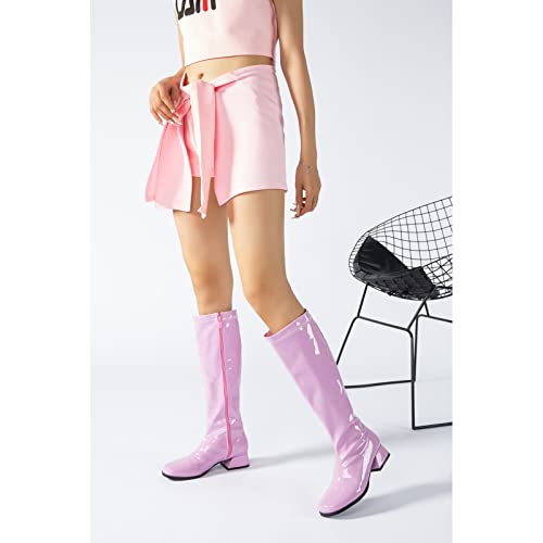 Enelauge Women's Go Go Boots Over The Knee Block Mid Heel Boots Square Toe Zipper Party Dance Shoes Pink 42-10.5 Us #TOP5