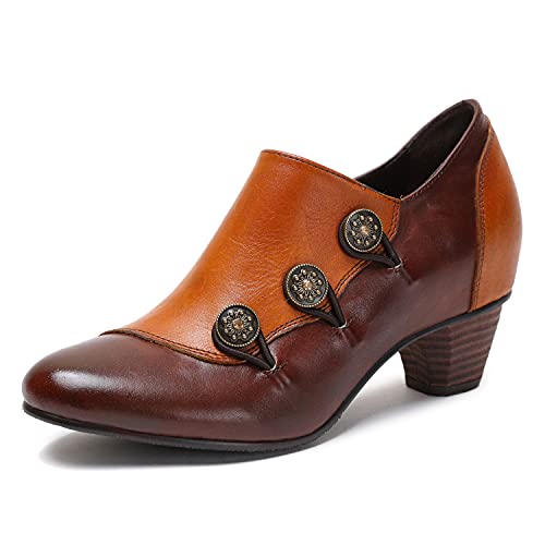 Crazycatz Leather Pumps,Womens Colorful Vintage Block Heel Oxford Vintage Patchwork Shoes Buttoned (Brown, Numeric_11) #TOP1