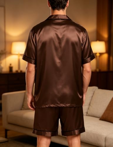 Image of SWOMOG Men Satin Silk Pajamas Sets Short Sleeve Sleepwear Button-Down PJs Sets Two-Pieces Loungewear with Pockets