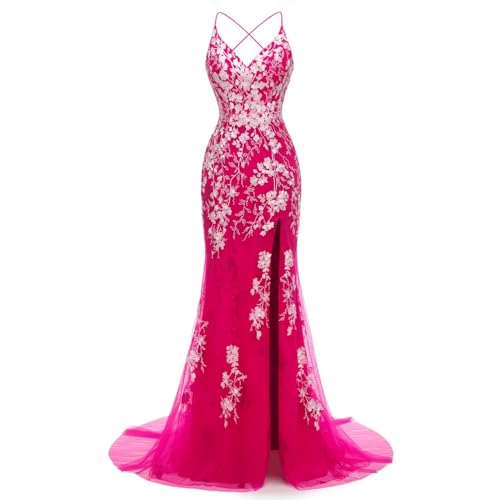 Image of Long Spaghetti Straps Tulle Mermiad Prom Dress V Neck Lace Appliques Formal Dress with Slit SF203