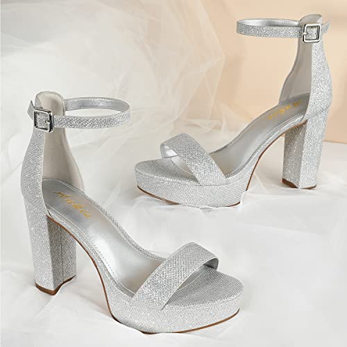 Image of Ankis Chunky Platform Heels - 4 Inch Block Heeled Sandals for Women - Comfortable Open Toe Strappy Heels - Black, Nude, White, Silver, Gold - Summer Dress Shoes