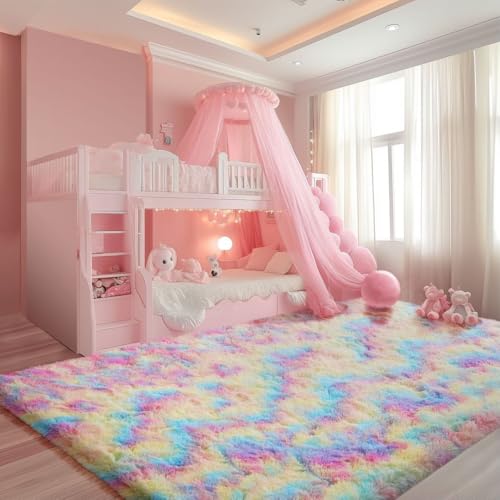 Rainbow Area Rugs for Girls Bedroom, 4x6 Fluffy Fuzzy Shaggy Carpet for Kids Playroom Nursery Living Room, Thick Soft Plush Mat for Kids Baby Boys Teen Dorm Home Decor Aesthetic