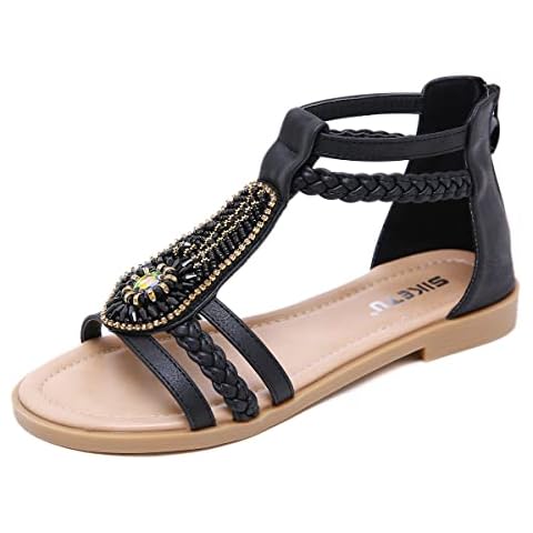HNGHOU Womens Summer Gladiator Flat Sandals Comfortable Roman Sandals Casual Beach Open Toe Shoes Sandals (Black,US 9.5) Cover